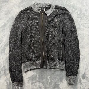 BKE Boutique Women Sweater L Black Wool Blend Cardigan Sequins Pieced Full Zip